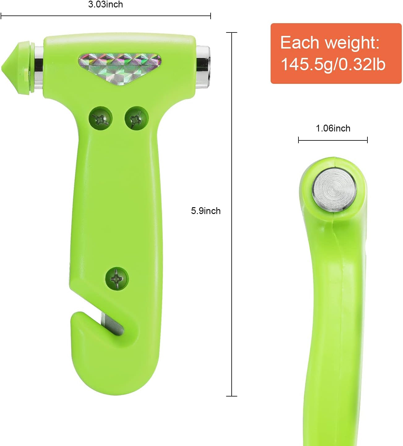 6-In-1 Car Safety Hammer (Glow-In-Dark), Emergency Escape Tool with Window Breaker and Seat Belt Cutter for First Responders and Roadside Safety Kits, Life-Saving Hammer Gift for Family